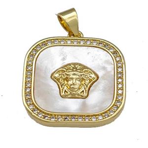 Medusa Charms Copper Square Pendant Pave Shell Zirconia 18K Gold Plated, approx 20mm