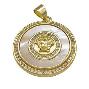 Medusa Charms Copper Circle Pendant Pave Shell Zirconia 18K Gold Plated, approx 22mm
