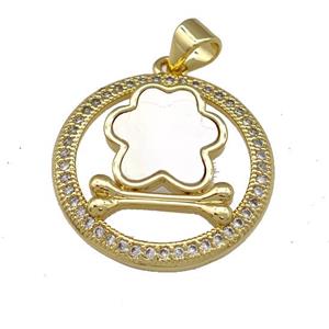 Copper Flower Pendant Pave Shell Zircon Circle Dogbone 18K Gold Plated, approx 22mm