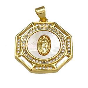 Virgin Mary Copper Pendant Pave Shell Zirconia Polygon 18K Gold Plated, approx 20mm
