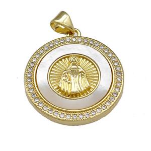 Virgin Mary Copper Pendant Pave Shell Zirconia Circle 18K Gold Plated, approx 22mm