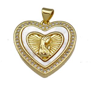 Virgin Mary Copper Heart Pendant Pave Shell Zirconia Prayer 18K Gold Plated, approx 22mm