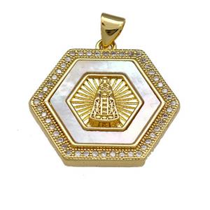 Virgin Mary Charms Copper Hexagon Pendant Pave Shell Zirconia 18K Gold Plated, approx 23mm