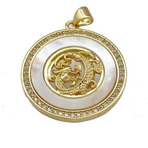 Dragon Charms Copper Circle Pendant Pave Shell Zirconia 18K Gold Plated, approx 26mm