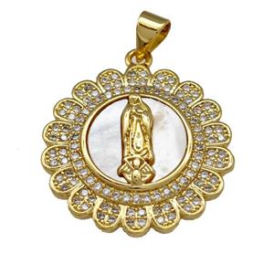 Jesus Charms Copper Circle Pendant Pave Shell Zirconia 18K Gold Plated, approx 23mm