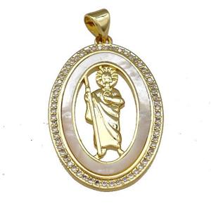 Jesus Charms Copper Oval Pendant Pave Shell Zirconia 18K Gold Plated, approx 20-30mm