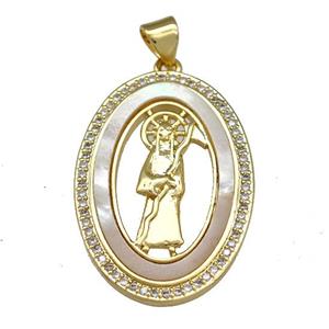 Jesus Charms Copper Oval Pendant Pave Shell Zirconia 18K Gold Plated, approx 20-30mm