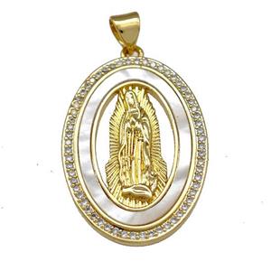 Virgin Mary Charms Copper Oval Pendant Pave Shell Zirconia 18K Gold Plated, approx 20-30mm
