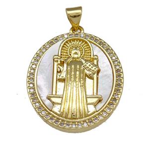 Jesus Charms Copper Oval Pendant Pave Shell Zirconia 18K Gold Plated, approx 23-26mm