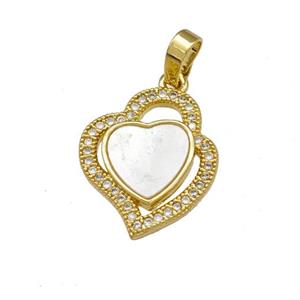 Copper Heart Pendant Pave Shell Zirconia 18K Gold Plated, approx 15-17mm