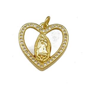 Copper Heart Pendant Pave Shell Zirconia Virgin Mary 18K Gold Plated, approx 18mm