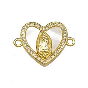 Copper Heart Connector Pave Shell Zirconia Virgin Mary 18K Gold Plated, approx 18mm