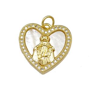 Virgin Mary Copper Heart Pendant Pave Shell Zirconia 18K Gold Plated, approx 18mm