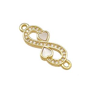 Copper Infinity Connector Pave Shell Zirconia Heart 18K Gold Plated, approx 7-17mm