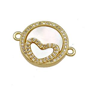 Copper Circle Connector Pave Shell Zirconia Heart 18K Gold Plated, approx 18mm