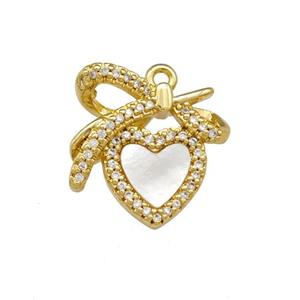 Copper Heart Pendant Pave Shell Zirconia Bowknot 18K Gold Plated, approx 16-18mm