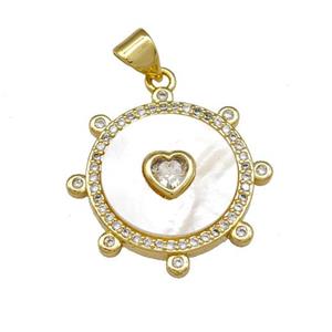 Copper Circle Pendant Pave Shell Zirconia Heart 18K Gold Plated, approx 22mm