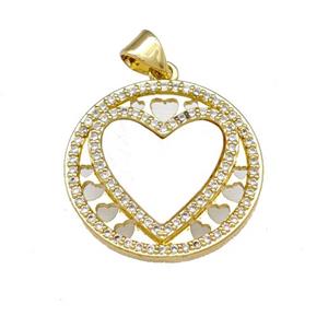 Copper Heart Pendant Pave Shell Zirconia Circle 18K Gold Plated, approx 22mm