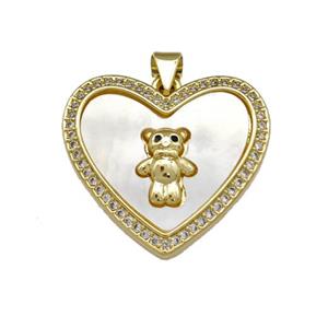 Copper Heart Pendant Pave Shell Zirconia Bear 18K Gold Plated, approx 20-23mm