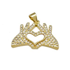 Copper Heart Hand Pendant Pave Shell Zirconia 18K Gold Plated, approx 15-25mm