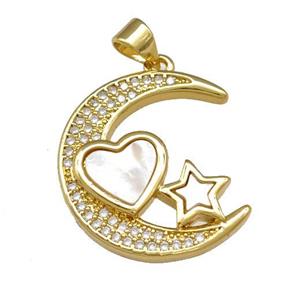 Copper Moon Pendant Pave Shell Zirconia Heart Star 18K Gold Plated, approx 20-22mm