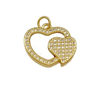 Copper Heart Pendant Pave Shell Zirconia 18K Gold Plated, approx 15-18mm