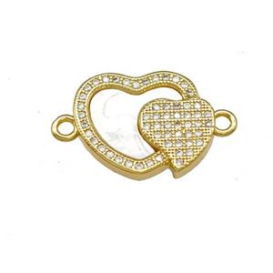 Copper Heart Connector Pave Shell Zirconia 18K Gold Plated, approx 15-18mm