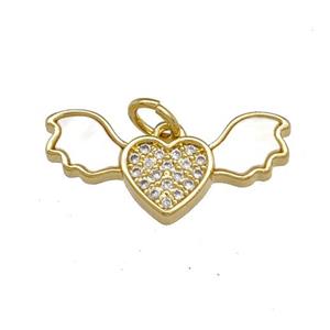 Copper Angel Wings Pendant Pave Shell Zirconia Heart 18K Gold Plated, approx 10-21mm