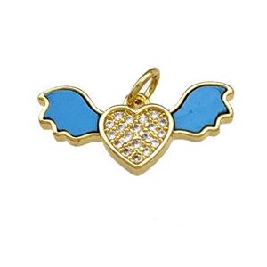 Copper Angel Wings Pendant Pave Shell Zirconia Heart 18K Gold Plated, approx 10-21mm