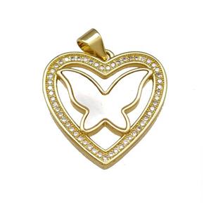Copper Heart Pendant Pave Shell Zirconia Butterfly 18K Gold Plated, approx 21mm