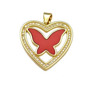 Copper Heart Pendant Pave Shell Zirconia Butterfly 18K Gold Plated, approx 21mm