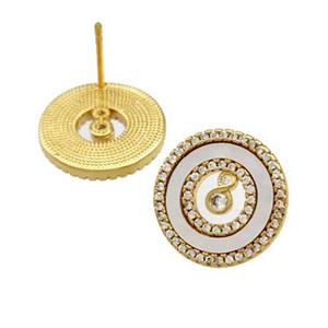 Copper Stud Earrings Pave Shell Zirconia Circle 18K Gold Plated, approx 15mm