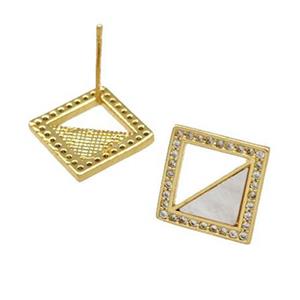 Copper Stud Earrings Pave Shell Zirconia Square 18K Gold Plated, approx 14mm