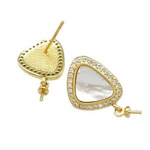 Copper Stud Earrings Pave Shell Zirconia With Bail Triangle 18K Gold Plated, approx 12-16mm
