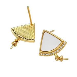 Copper Stud Earrings Pave Shell Zirconia With Bail Fan 18K Gold Plated, approx 11-14mm
