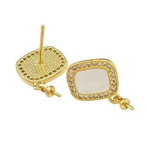 Copper Stud Earrings Pave Shell Zirconia With Bail Rectangle 18K Gold Plated, approx 10-12mm