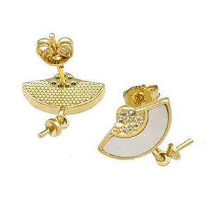 Copper Stud Earrings Pave Shell Zirconia With Bail 18K Gold Plated, approx 8-13mm