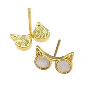 Copper Stud Earrings Pave Shell Zirconia Owl Eye 18K Gold Plated, approx 8-12mm