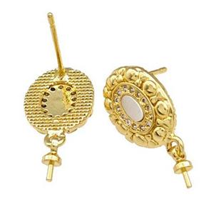 Copper Stud Earrings Pave Shell Zirconia With Bail Oval 18K Gold Plated, approx 10-13mm