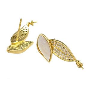 Copper Stud Earrings Pave Shell Zirconia With Bail Leaf 18K Gold Plated, approx 12-23mm