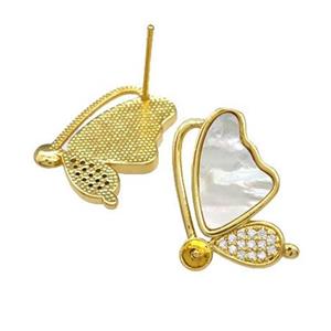 Copper Stud Earrings Pave Shell Zirconia Butterfly 18K Gold Plated, approx 12-19mm