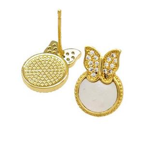 Copper Stud Earrings Pave Shell Zirconia Butterfly 18K Gold Plated, approx 10-14mm