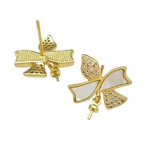 Copper Stud Earrings Pave Shell Zirconia With Bail Butterfly 18K Gold Plated, approx 16mm