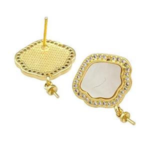 Copper Stud Earrings Pave Shell Zirconia With Bail 18K Gold Plated, approx 13-16mm