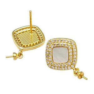 Copper Stud Earrings Pave Shell Zirconia With Bail Square 18K Gold Plated, approx 13mm