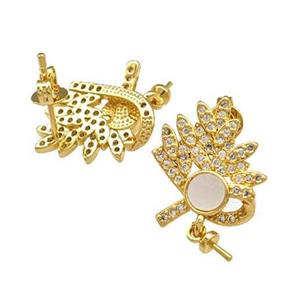 Copper Stud Earrings Pave Shell Zirconia With Bail Peacock 18K Gold Plated, approx 14-17mm