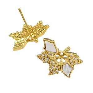 Copper Stud Earrings Pave Shell Zirconia Leaf 18K Gold Plated, approx 14-18mm
