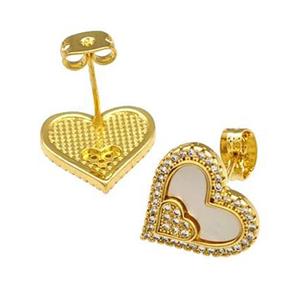 Copper Stud Earrings Pave Shell Zirconia Heart 18K Gold Plated, approx 14mm