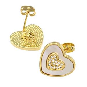 Copper Stud Earrings Pave Shell Zirconia Heart 18K Gold Plated, approx 15mm