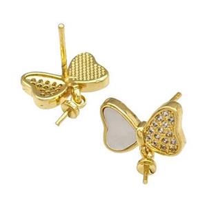 Copper Stud Earrings Pave Shell Zirconia With Bail Butterfly 18K Gold Plated, approx 8-12mm